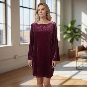 ModCloth XL Shift Dress Mini Red Burgundy Long Bell Sleeves Scoop Back Holiday